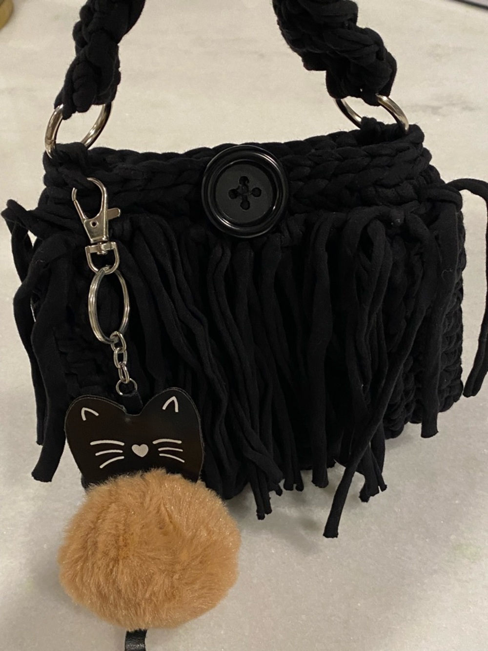 Quality Black Fringe Crochet Shoulder Bag handmade with Pom Keychain